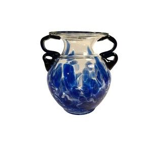 Large Clear Glass Blue And White Vase Urn Jug Two Handle Gift